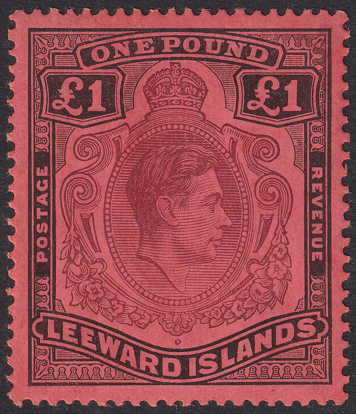 Leeward Islands 1942 KGVI £1 Purple + Blk on Carmine p14 Mint SG114a Frame Break