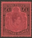 Click for more photos and details Leeward Islands 1942 KGVI £1 Purple and Black on Deep Carmine p14 Mint SG114a
