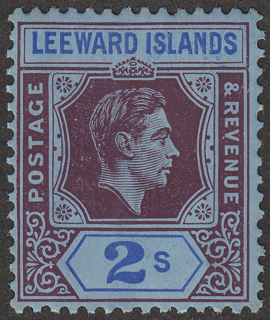 Leeward Islands 1938 KGVI 2sh Deep Purple and Blue on Blue Chalky Mint SG111
