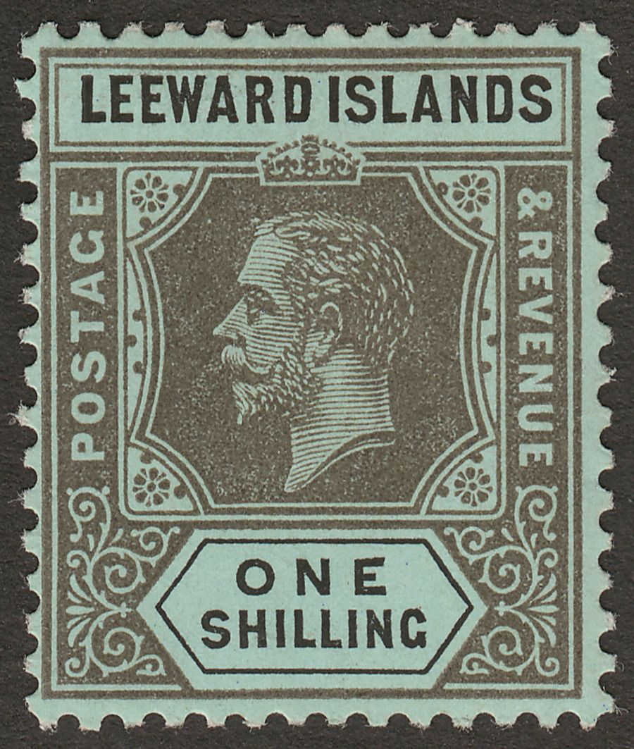 Leeward Islands 1917 KGV 1sh Black on Blue-Green with Olive Back Mint SG54b