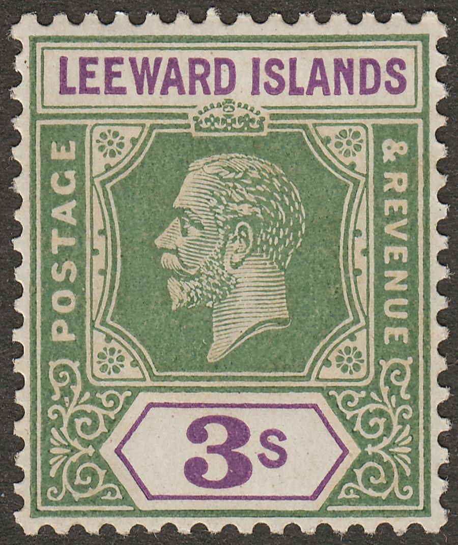 Leeward Islands 1922 KGV 3sh Bright Green and Violet Mint SG76