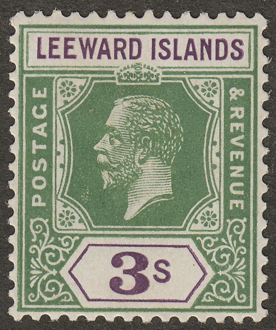 Leeward Islands 1922 KGV 3sh Deep Green and Deep Violet Mint SG76