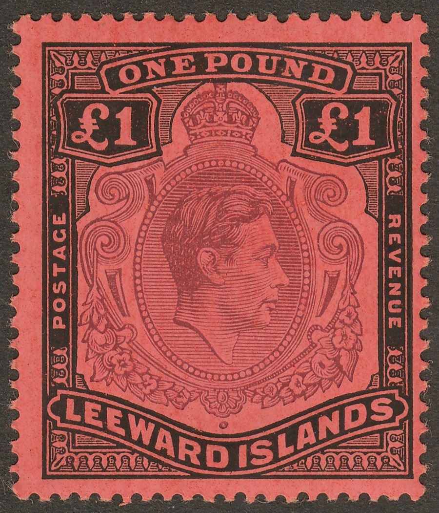 Leeward Islands 1943 KGVI £1 Brown-Purple + Deep Black on Salmon p14 Mint SG114b