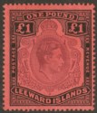 Click for more photos and details Leeward Islands 1943 KGVI £1 Brown-Purple + Deep Black on Salmon p14 Mint SG114b