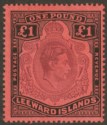 Leeward Islands 1943 KGVI £1 Brown-Purple + Deep Black on Salmon p14 Mint SG114b