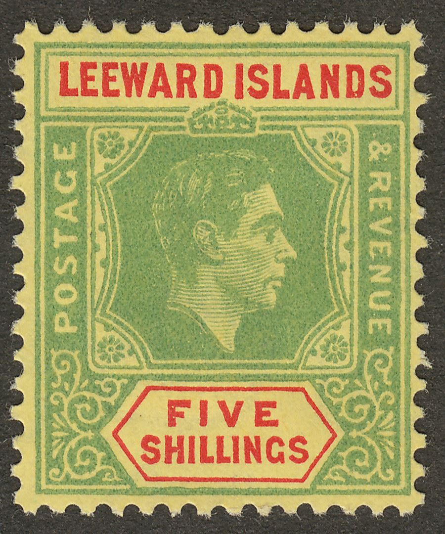 Leeward Islands 1951 KGVI 5sh Bright Green and Bright Red on Yellow Mint SG112c