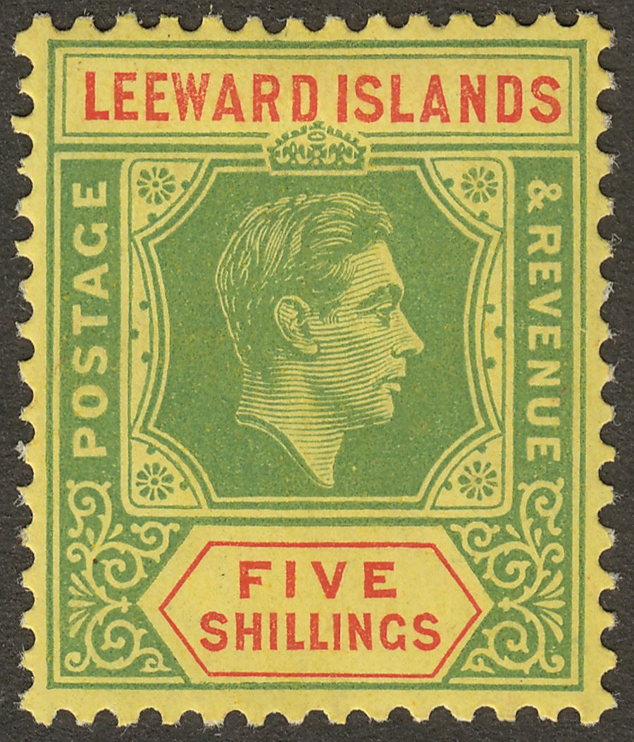 Leeward Islands 1938 KGVI 5sh Green and Red on Yellow Mint SG112