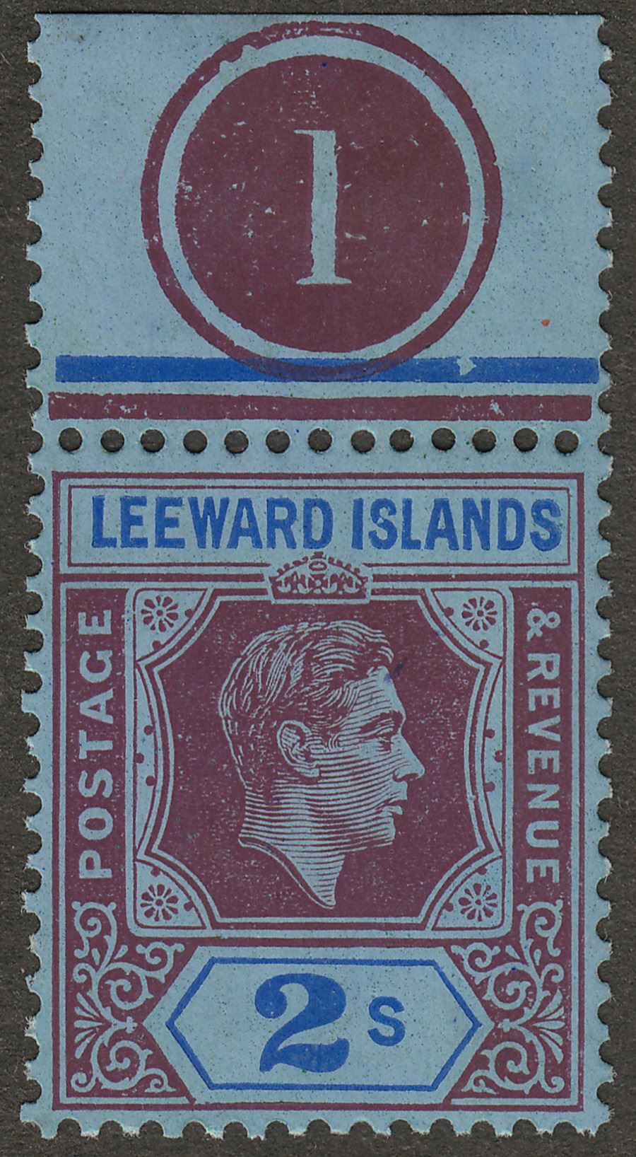 Leeward Islands 1938 KGVI 2sh Deep Purple and Blue on Blue Chalky Mint SG111