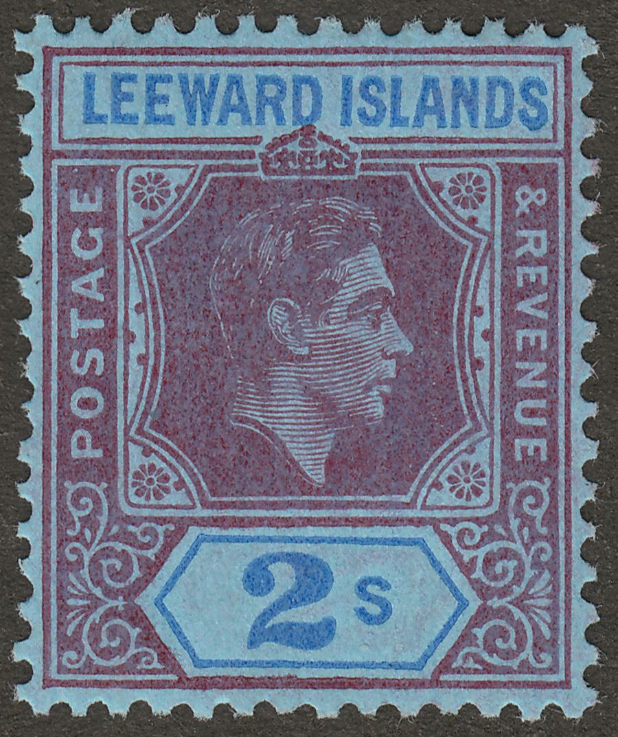 Leeward Islands 1943 KGVI 2sh Reddish Purple + Blue on Blue Ordinary Mint SG111a