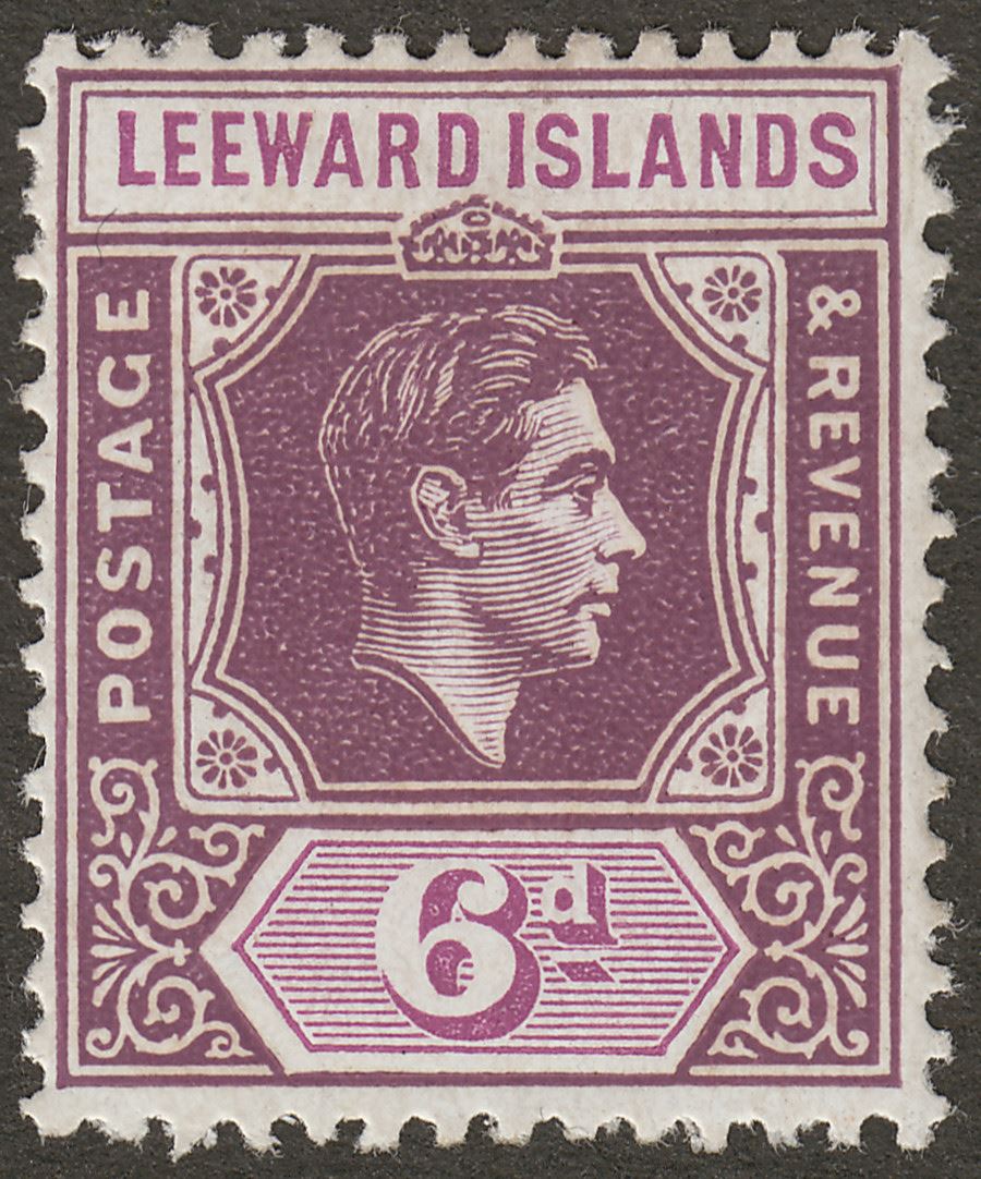 Leeward Islands 1949 KGVI 6d Deep Purple + Bright Purple Chalky Mint SG109b