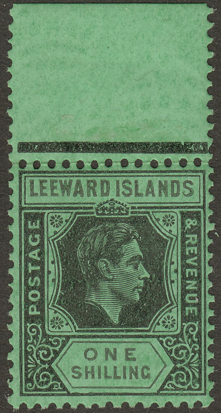 Leeward Islands 1942 KGVI 1sh Black and Grey on Emerald Ordinary Mint SG110bb