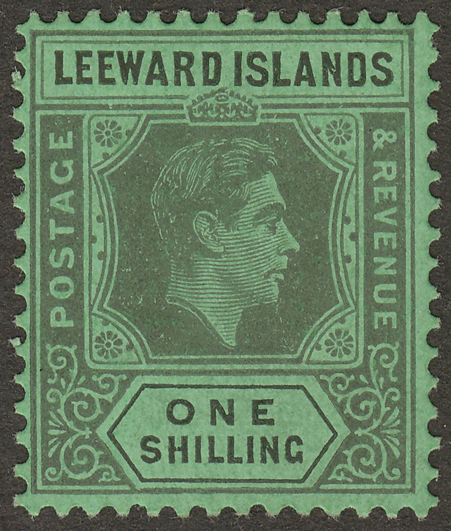 Leeward Islands 1942 KGVI 1sh Grey and Black on Emerald Ordinary Mint SG110ba
