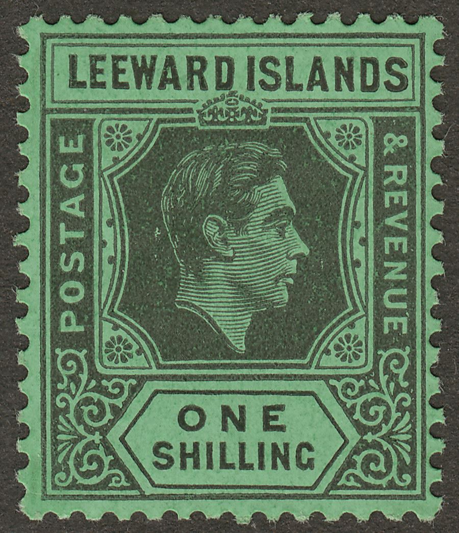 Leeward Islands 1942 KGVI 1sh Black on Emerald Ordinary Mint SG110b