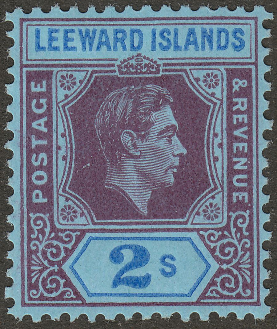 Leeward Islands 1947 KGVI 2sh Deep Purple and Blue on Blue Ordinary Mint SG111ab