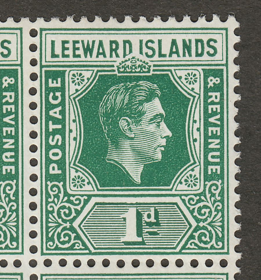 Leeward Islands 1949 KGVI 1d Blue-Green Block of 6 with DI Flaw Mint SG100a