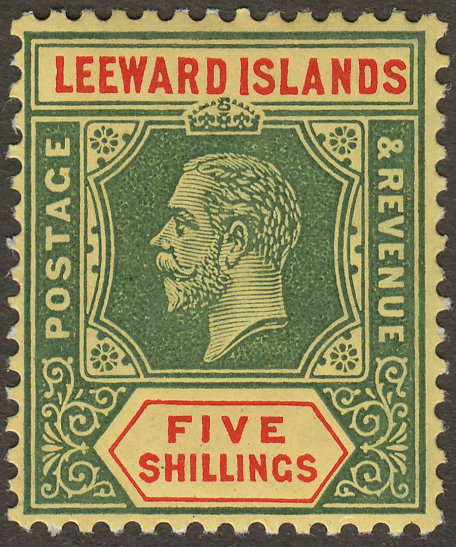 Leeward Islands 1913 KGV 5sh Green and Red on Yellow with White Back Mint SG57a