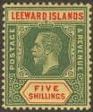 Click for more photos and details Leeward Islands 1913 KGV 5sh Green and Red on Yellow with White Back Mint SG57a