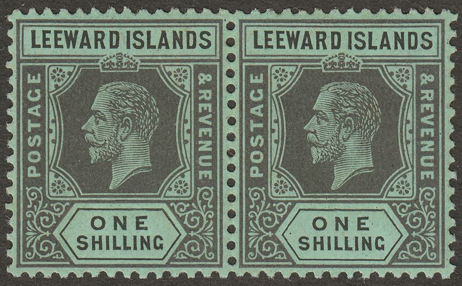 Leeward Islands 1913 KGV 1sh Black on Green Pair Mint SG54