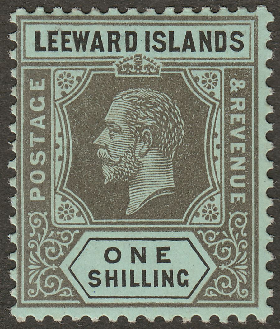 Leeward Islands 1917 KGV 1sh Black on Blue-Green with Olive Back Mint SG54b