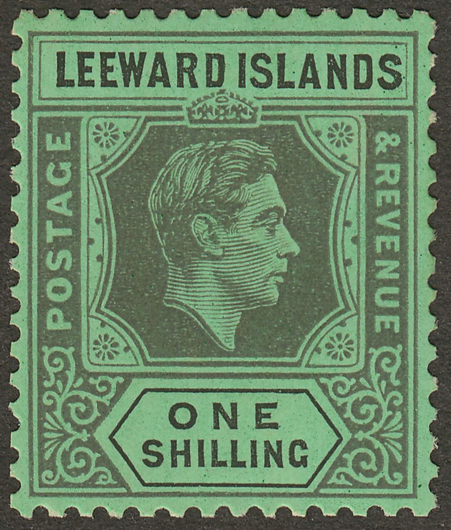 Leeward Islands 1938 KGVI 1sh Black on Emerald Chalky Mint SG110