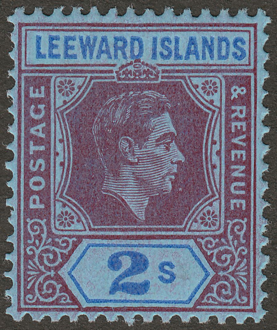 Leeward Islands 1943 KGVI 2sh Reddish Purple + Blue on Blue Ordinary Mint SG111a
