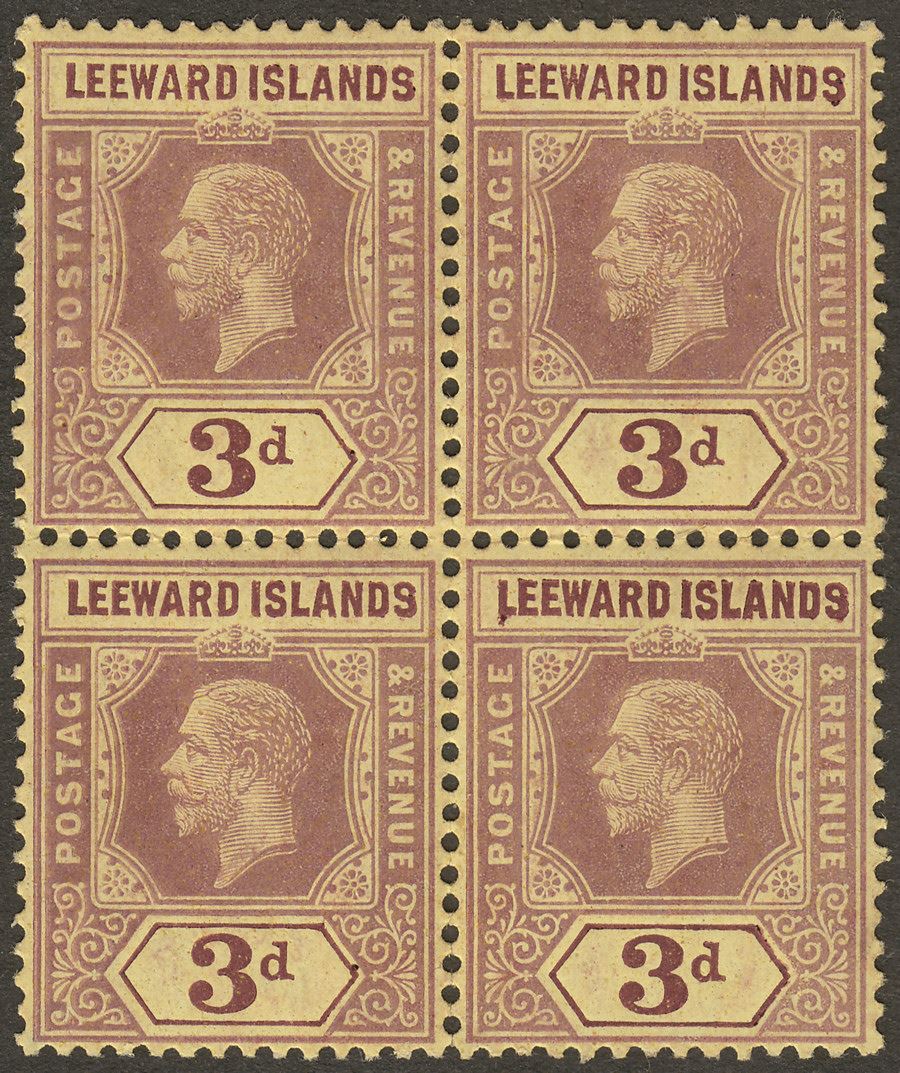 Leeward Islands 1920 KGV 3d Purple on Orange-Buff Block of Four Mint SG51d