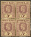 Click for more photos and details Leeward Islands 1920 KGV 3d Purple on Orange-Buff Block of Four Mint SG51d