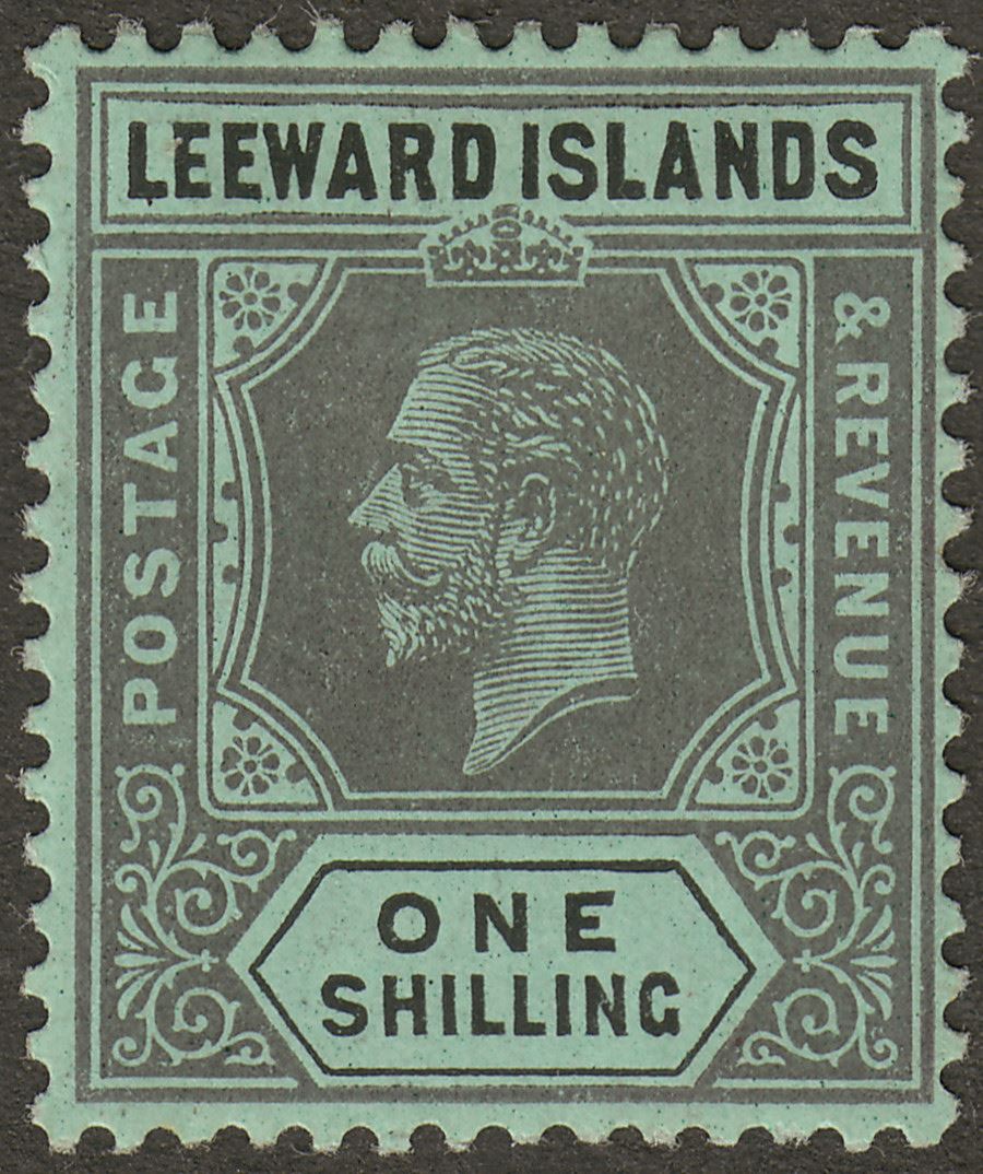 Leeward Islands 1913 KGV 1sh Grey and Black on Green Mint SG54