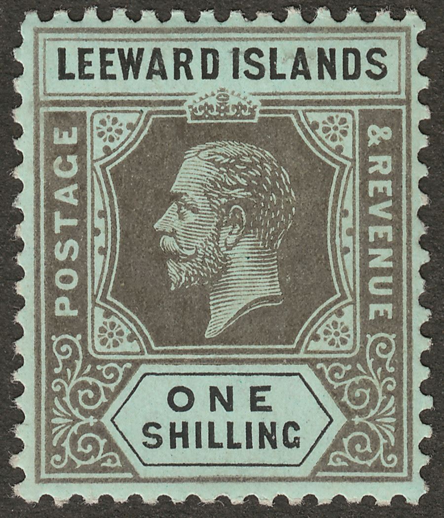 Leeward Islands 1917 KGV 1sh Black on Blue-Green with Olive Back Mint SG54b