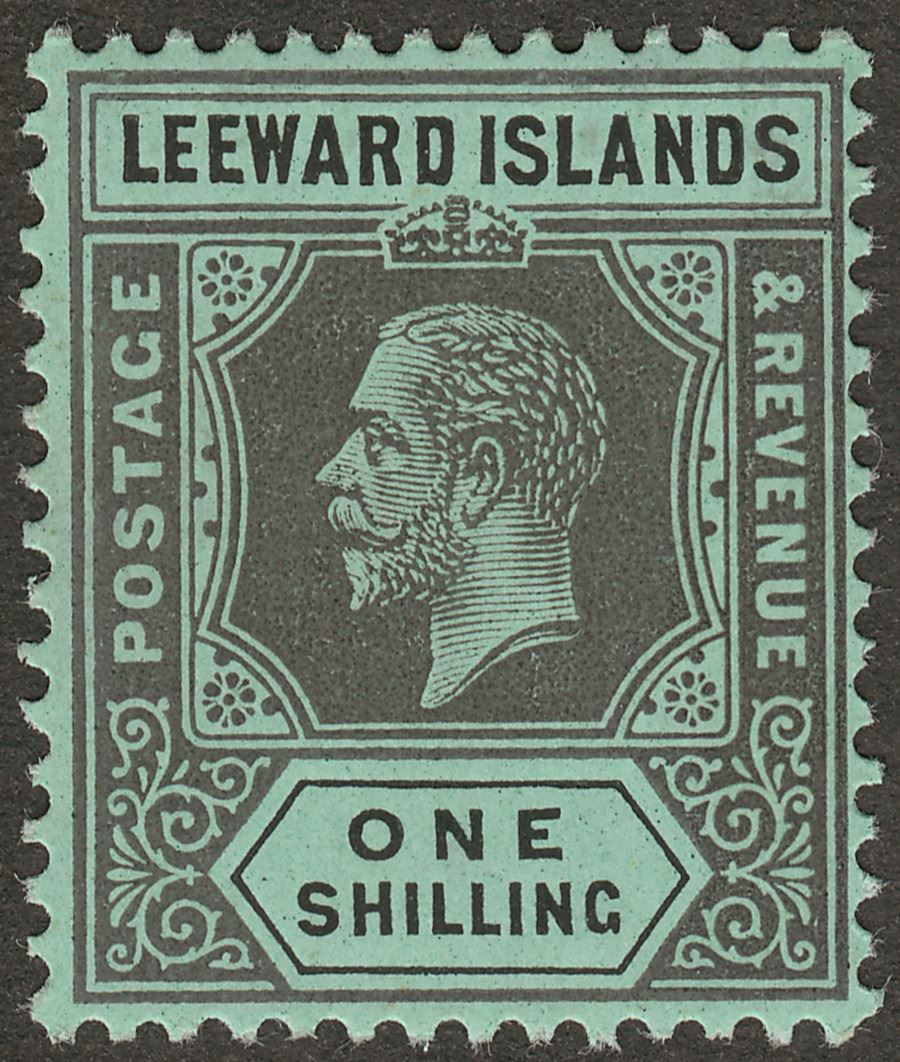 Leeward Islands 1913 KGV 1sh Grey and Black on Green Mint SG54