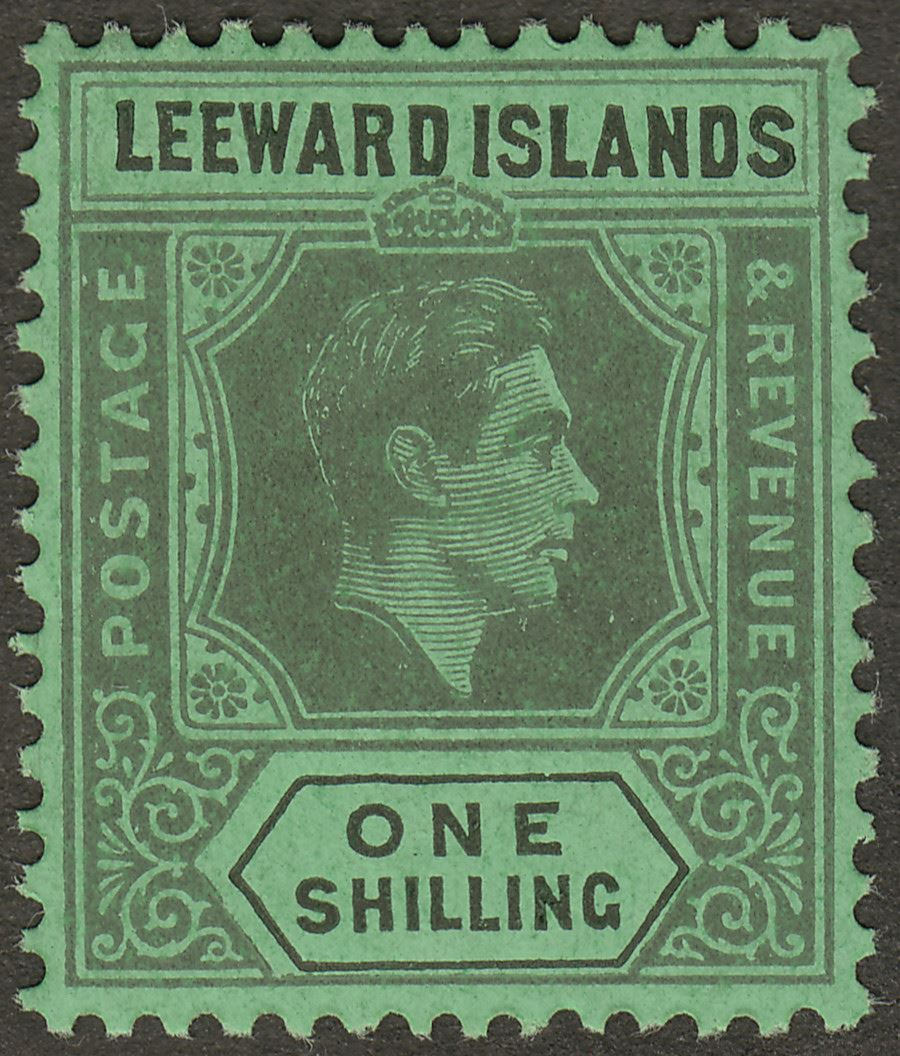 Leeward Islands 1942 KGVI 1sh Grey and Black on Emerald Ordinary Mint SG110ba