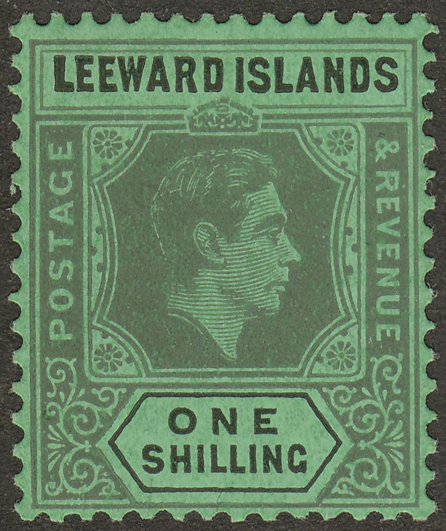 Leeward Islands 1942 KGVI 1sh Grey and Black on Emerald Ordinary Mint SG110ba