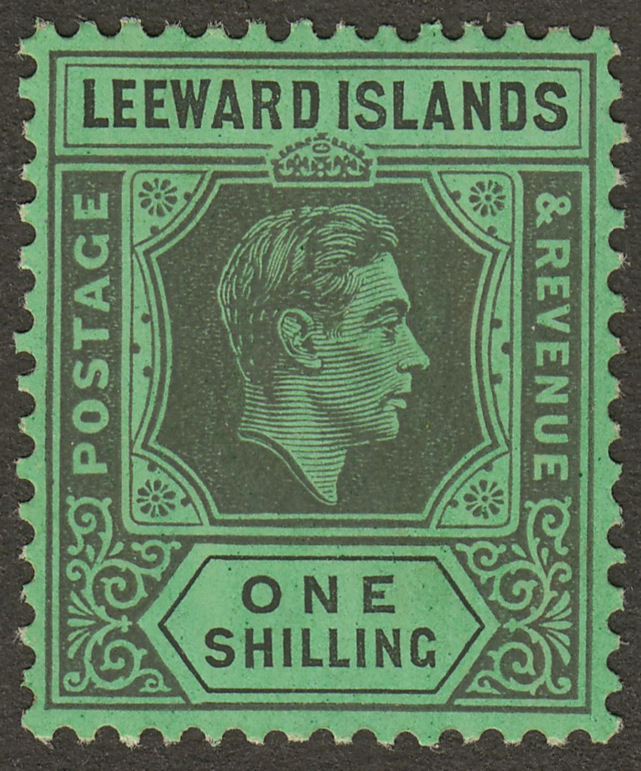 Leeward Islands 1938 KGVI 1sh Black on Emerald Chalky Mint SG110