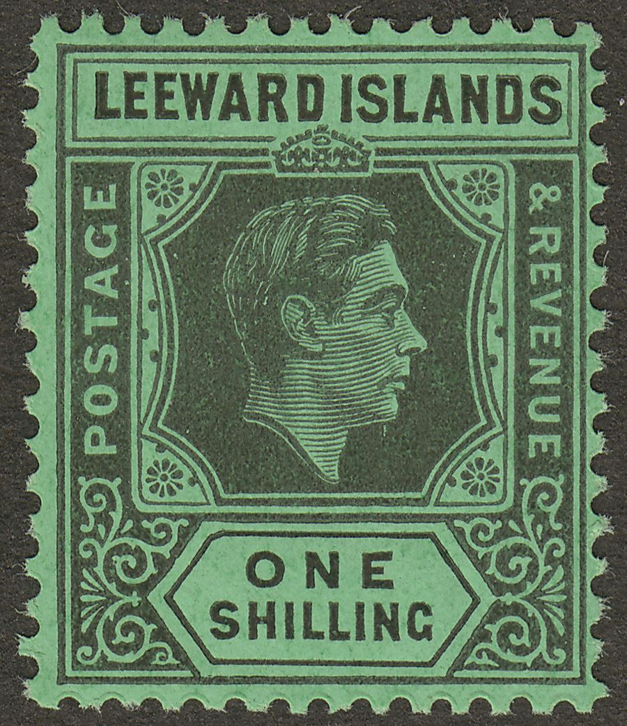 Leeward Islands 1942 KGVI 1sh Black on Emerald Ordinary Mint SG110b