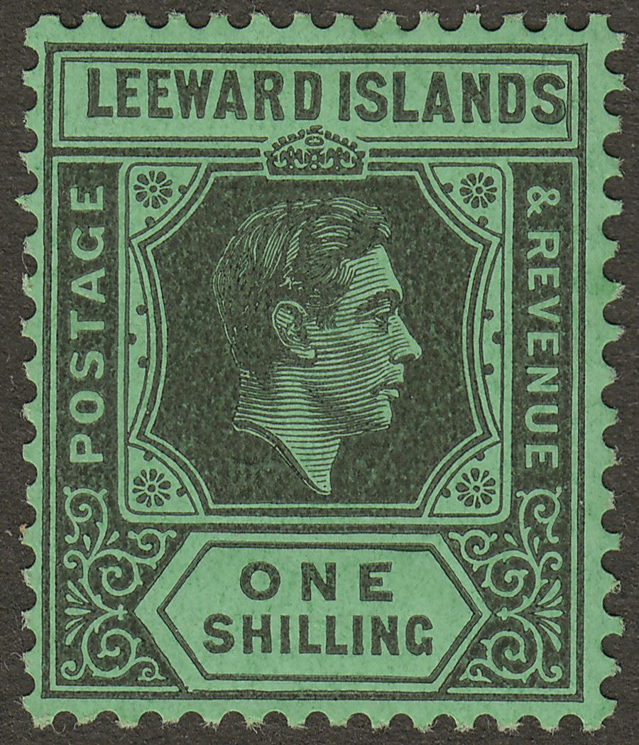 Leeward Islands 1942 KGVI 1sh Black on Emerald Ordinary Mint SG110b