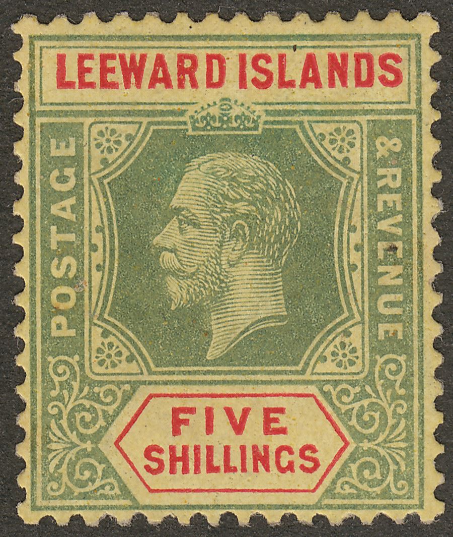 Leeward Islands 1920 KGV 5sh Pale Green and Red on Orange-Buff Mint SG57c
