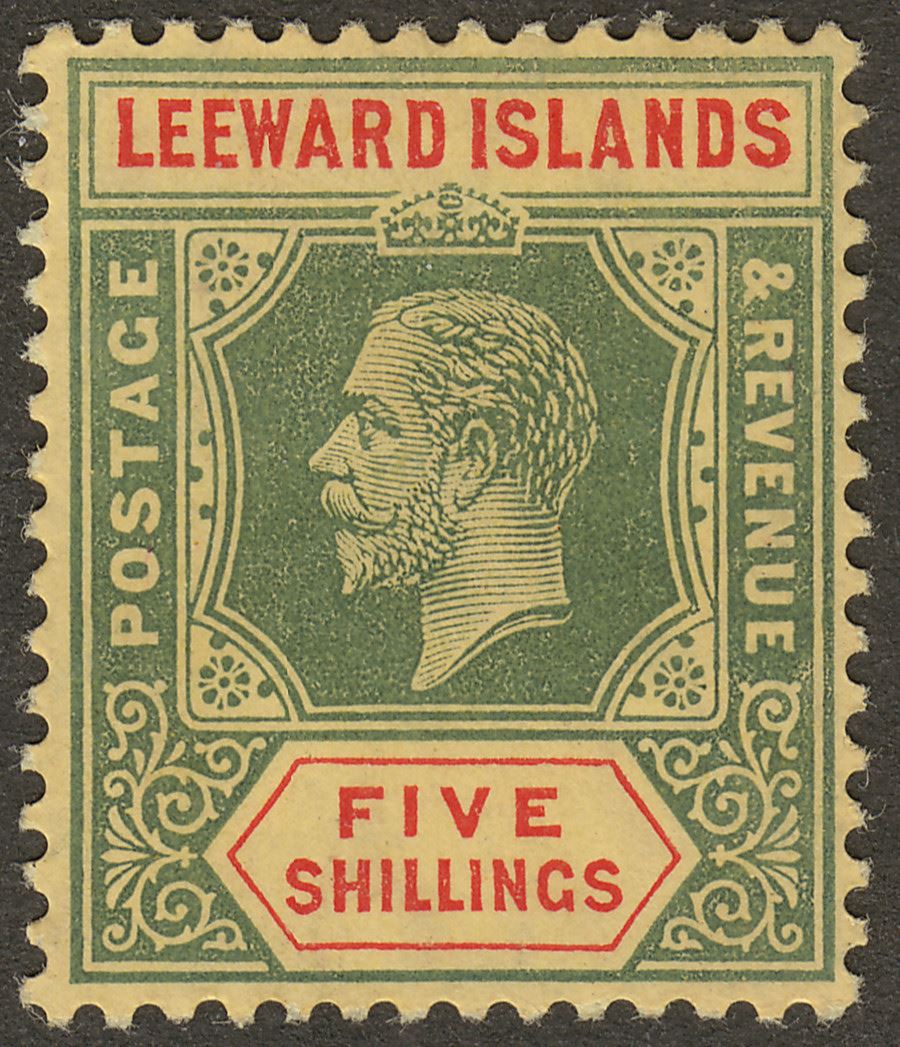 Leeward Islands 1914 KGV 5sh Green and Red on Yellow Mint SG57