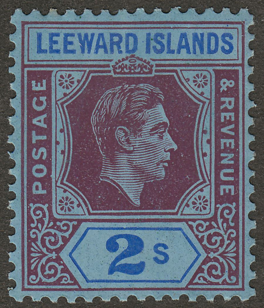 Leeward Islands 1938 KGVI 2sh Deep Purple and Blue on Blue Chalky Mint SG111