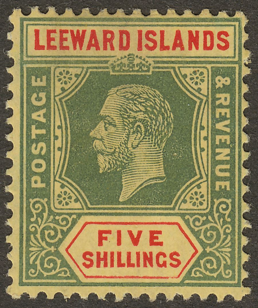 Leeward Islands 1915 KGV 5sh Green and Red on Lemon Mint SG57b