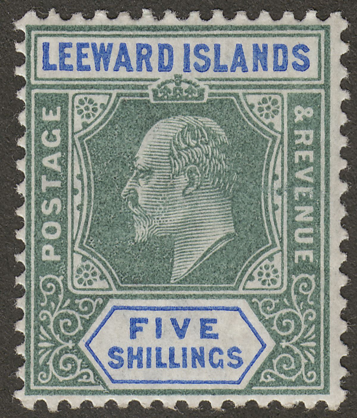 Leeward Islands 1902 KEVII 5sh Green and Blue Mint SG28