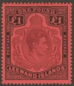 Click for more photos and details Leeward Islands 1938 KGVI £1 Purple and Black on Brick-Red p14 Mint SG114