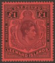 Click for more photos and details Leeward Islands 1938 KGVI £1 Brown-Purple and Black on Red p14 Mint SG114
