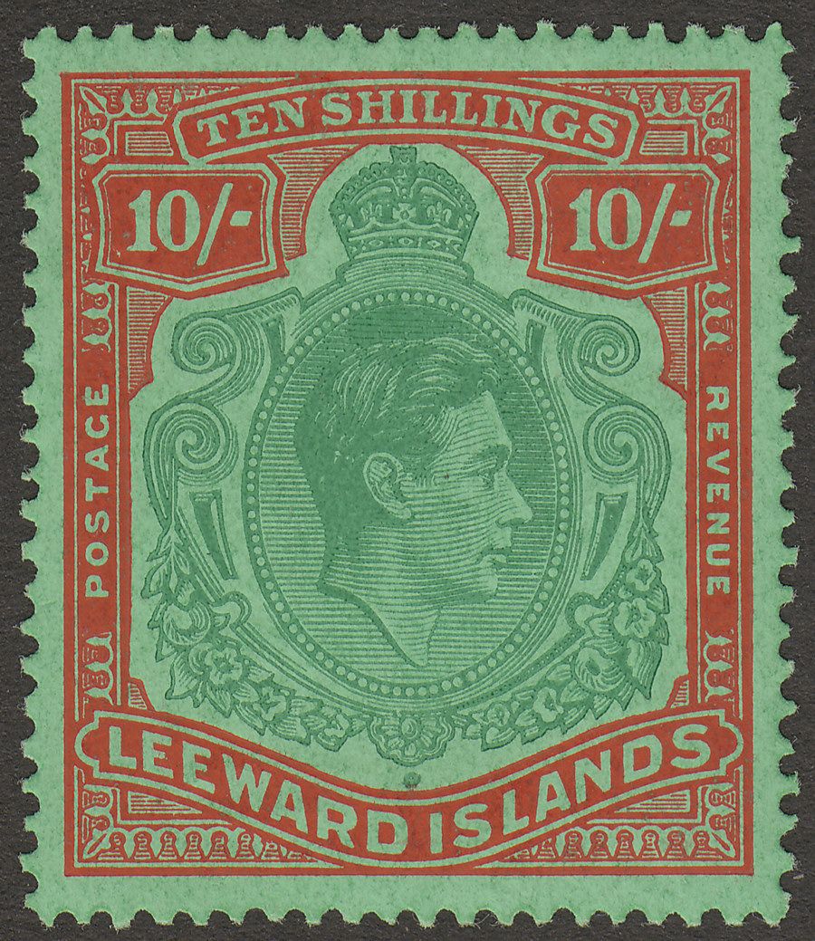 Leeward Islands 1944 KGVI 10sh Deep Green and Dp Vermilion Ord Paper Mint SG113c