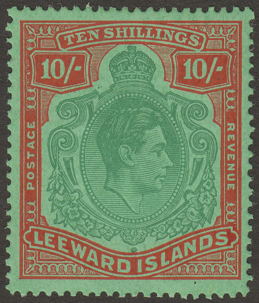 Leeward Islands 1944 KGVI 10sh Deep Green and Dp Vermilion Ord Paper Mint SG113c