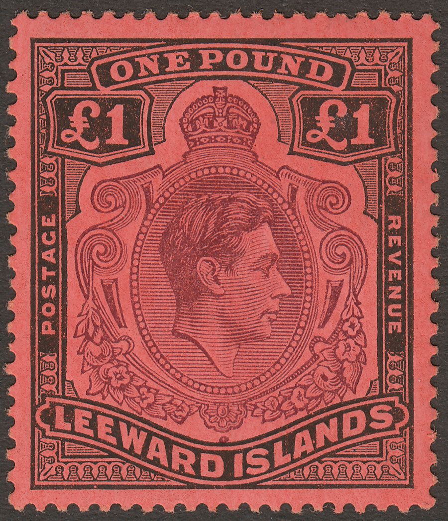 Leeward Islands 1944 KGVI £1 Brown-Purple and Black on Salmon p14 Mint SG114b