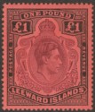 Click for more photos and details Leeward Islands 1944 KGVI £1 Brown-Purple and Black on Salmon p14 Mint SG114b