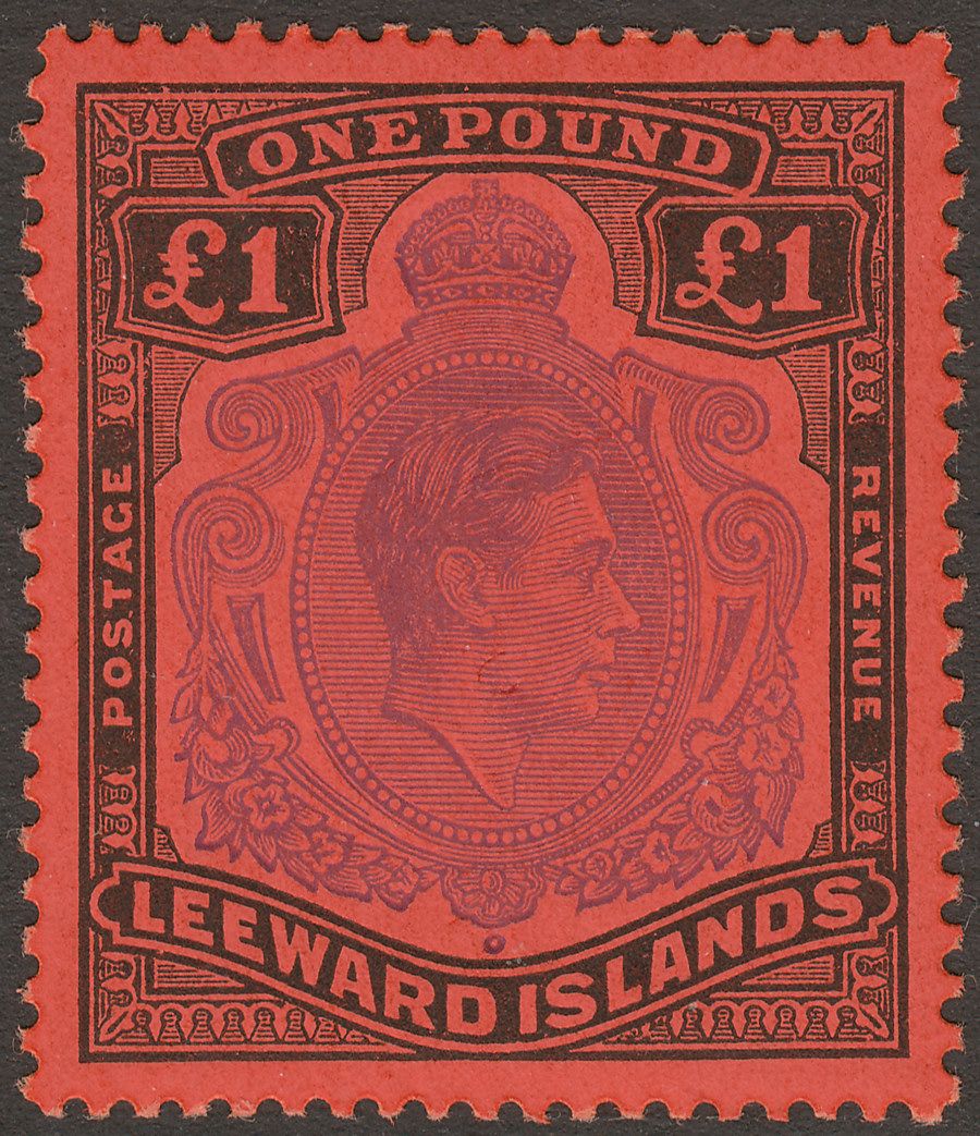 Leeward Islands 1951 KGVI £1 Violet and Black on Scarlet p13 Mint SG114c