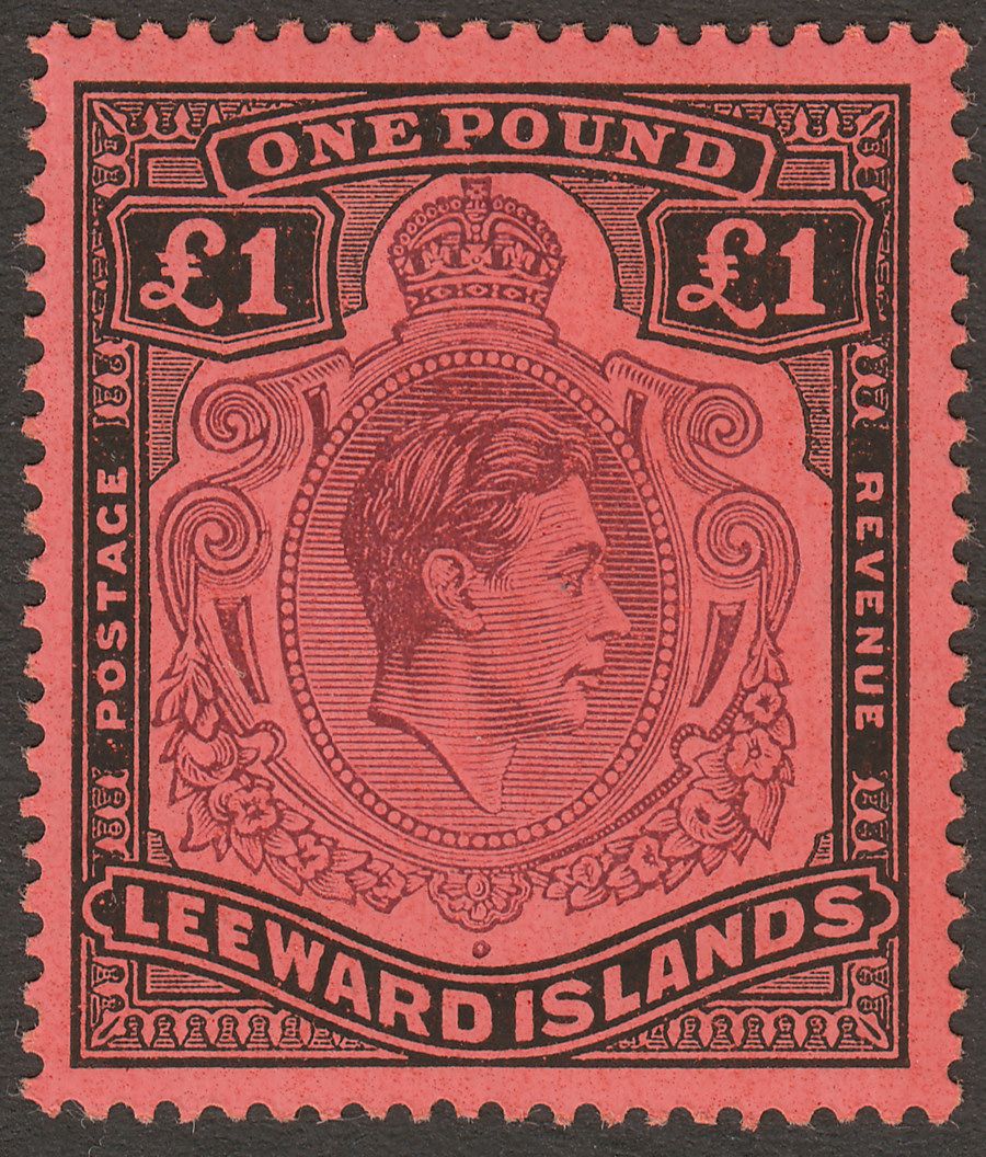 Leeward Islands 1943 KGVI £1 Brown-Purple + Deep Black on Salmon p14 Mint SG114b