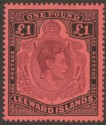 Leeward Islands 1943 KGVI £1 Brown-Purple + Deep Black on Salmon p14 Mint SG114b