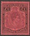 Click for more photos and details Leeward Islands 1942 KGVI £1 Purple and Black on Deep Carmine p14 Mint SG114a